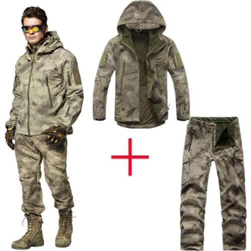 Outdoor Tactical Military Jacket Men TAD Softshell Fleece Camouflage Waterproof Jacket + Pants Camping Hiking Hunting Sport Suit