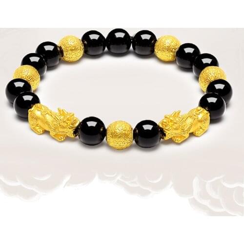Vietnam Sand Gold 3D Pixiu Transfer Bracelet Black Obsidian Beaded Bracelet Mascot Feng Shui Men and Women Jewelry