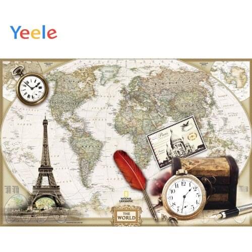 Yeele World Map Eiffel Tower Clock Feather Box Travel Photography Backgrounds Customized Photographic Backdrops for Photo Studio