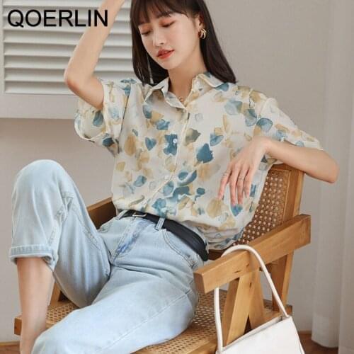 QOERLIN Elegant Blouse Women Printed Short Sleeve Chiffon Shirt Holiday Loose Blouse Single Breasted Plus Size Top Shirt Female