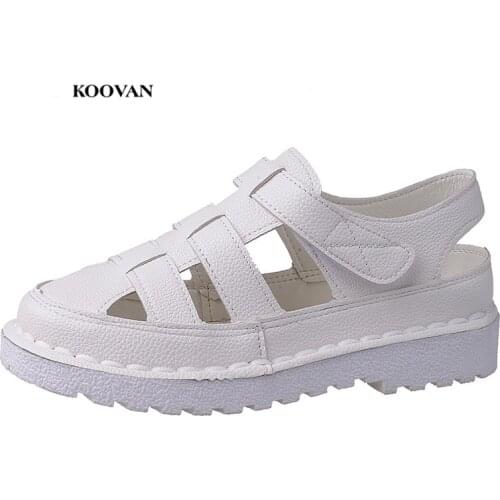 Koovan Womens White Sandals Female 2018 Spring and Summer New Roman Sandals Flats Casual Wild Breathable Student Shoes