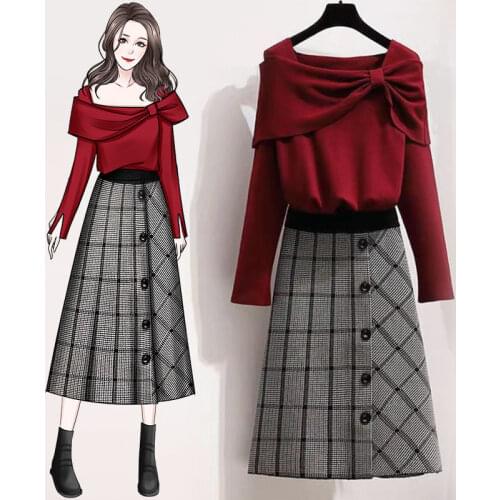 Women suit autumn winter 2021 new fashion wine red bowknot knitted sweater tops single-breasted plaid skirt two piece set
