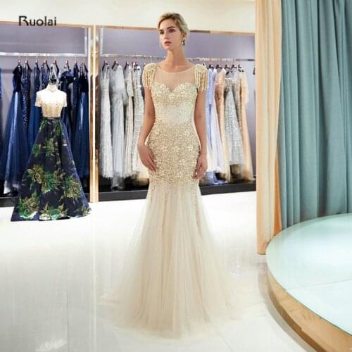 Robe de soiree Gold Women Luxury Mermaid Evening Dresses Long 2019 Heavy Beaded Evening Gowns for Women Formal Party Dresses