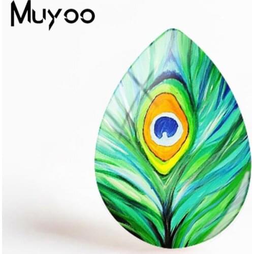 2018 New Peacock Feather Jewelry Art Painting Tear Drop Cabochon Round Photo Glass Dome Cabochons Gifts Women
