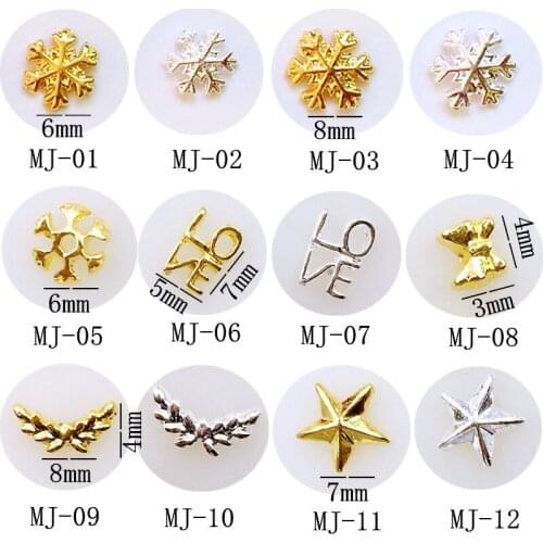 50pcs/pack metal nail art snowflower Letter"love" bow wing pentagram star for 3d jewelry nails sticker decoration art tools