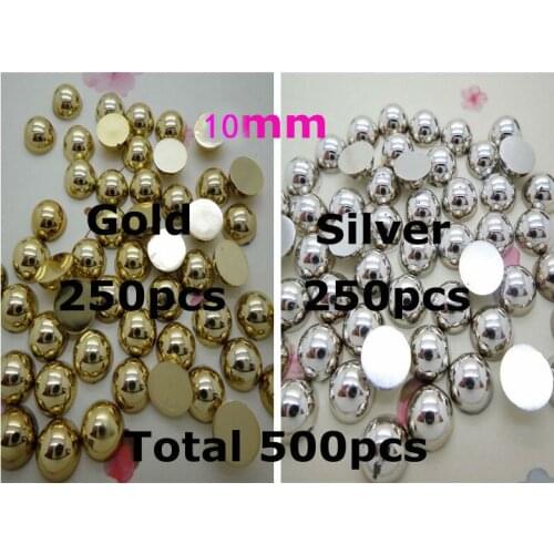 Free Shipping Mixed 10mm 500Pcs Gold And Silver Craft ABS Half Round Flatback Pearls,Loose Imitation Pearl Beads