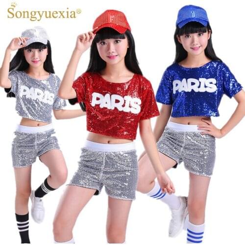 SONGYUEXIA Children Dance Costume Suit Leakage Sequins Cheerleading Hip Hop Modern Dance Costumes boy girl stage dancewear
