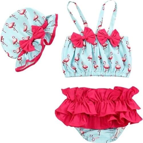 Baby Girls 3 Piece Swimsuit Flamingo Printed Sling Bow Camisole Ruffled Bikinis Swimming Hat Childrens Swimwear Kids Swimsuits