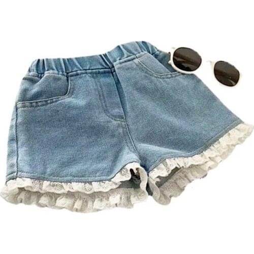 80cm-140cm Girls Denim Shorts Kids Girl Summer Lace Pants Kids Bow Clothes Children Flowers Embroidery Jean Short For Teenager