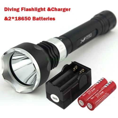 New Underwater 2000LM Diving Flashlight Torch XML-T6 LED Light Lamp Waterproof Super T6 LED & 2*18650 Batteries&Charger