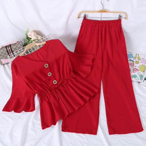 SET FASHION WOMAN2021 summer new single-breasted drawstring flared sleeves V-neck shirt high-waist wide-leg pants two-piece suit
