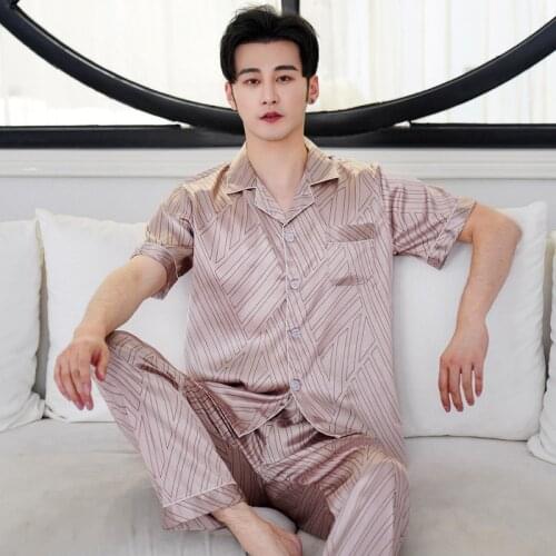 Summer Print Mens Stain Silk Pajama Set Pajamas Men Sleepwear Modern Style Silk Nightgown Home Male Satin Soft Cozy For Sleeping