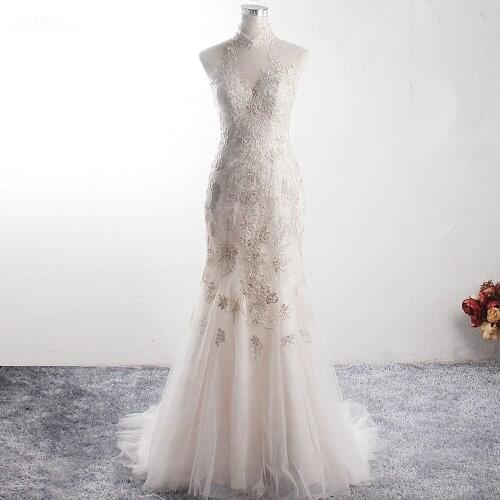 LZ357 High Collar Sleeveless Shiny Tulle Mermaid Dress Colorful Bead Wedding Dress Illusion Back Pearls Button Bridal Dress