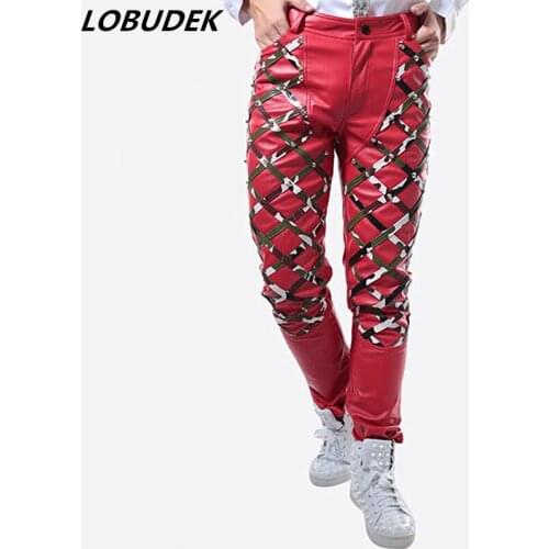 Rock Men Singer PU Leather Pants Red White Black Rivet Leather Trousers Nightclub Punk Hip-Hop Performance Costume Casual Pants