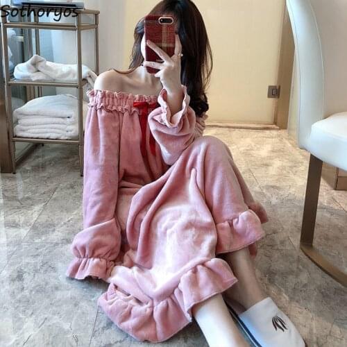 Nightgowns Women Coral Velvet Sweet Pink Princess Elegant Round Neck Bow Knot Loose Mid-long Womens Soft Comfortable Harajuku