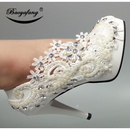 BaoYaFang New platform shoes woman White Flower wedding shoes pearl Crystal party dress shoes High heels Round toe Ladies Pumps