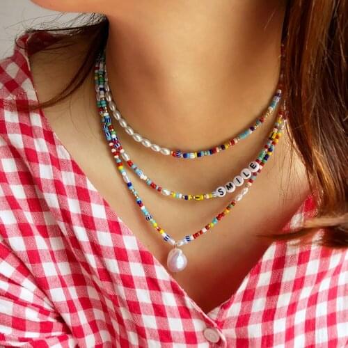 National Multi-layer Colorful Necklace Baroque Irregular Imitation Pearl Womens Necklace Acrylic Bead Letter Chain Jewelry