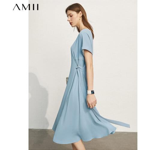 Amii Minimalism Dresses For Women Elegant Oneck Solid Bandage Maxi Dress Fashion New Short Sleeve Vintage Dress Female 12140452