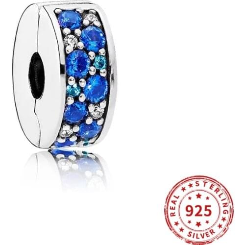Real 925 Sterling Silver Charms Bead Blue Pave Clip Charm Fit Original Pandora Bracelets Diy jewelry 2021
