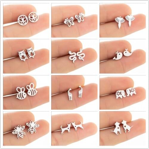 Hip Hop Stainless Steel Earrings Woman Minimalist Geometric Snake Dog Bee Giraffe Dolphins Stud Earring Best Gift for Friend