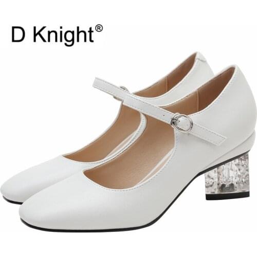 Stylish Buckle Straps Mary Janes Pumps Women Med Square Heels Slip On OL Lady Heels 4.5 cm Sexy Work Office Shoes Spring Summer
