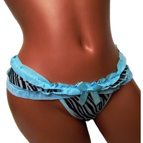 Candy Cherries Women Sexy Tanga Soft Mesh Blue Zebra Ru21 G-String Cute Ruffle Tback Lace Lady Thongs Sweety Girl Panties
