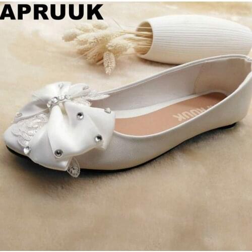 Butterfly-knot flats shoes woman white color round toes slip on bow bowtie flats shoes lady ceremony dinner shoes white