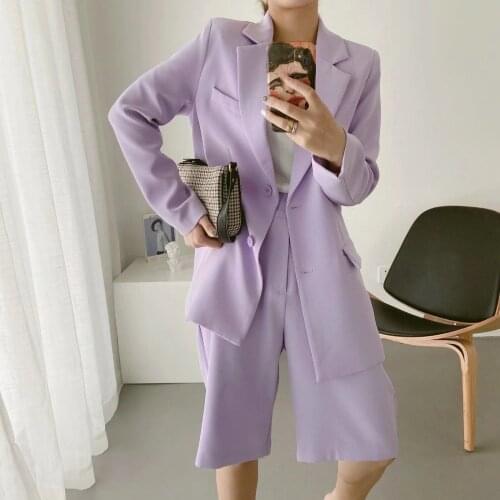 Spring Autumn New Korean Sweet Potato Purple Blazer Jacket+high Waist Wide Leg Suit Pants Casual Suit 2 Piece Set Female