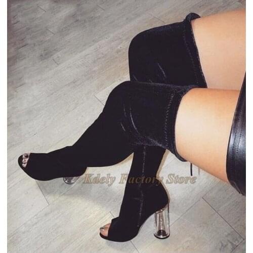 Suede Leather Luxury Over The Knee Long Black Boots Transpatent High Heeled Shoes Women Gladiator Fashion Thigh High Boot