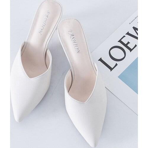 2021 White Elegant Office Shoes Women Temperament High Heels 5CM Slip on Sandals Slip-on Comfortable Ladies White Women Shoes