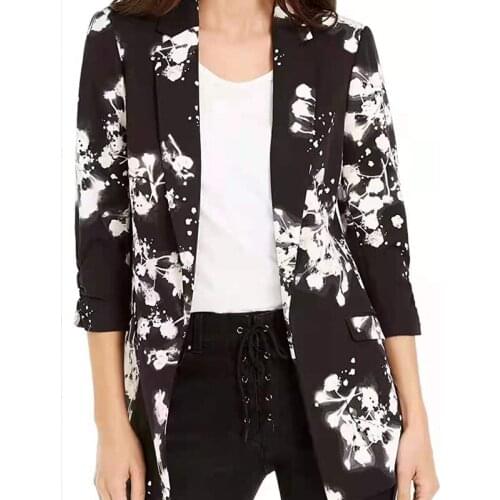 Black Flowers Print Blazers for Women Vintage Streetwear Casual Elegant Slim One Button Long Sleeve Fashion Clothes Autumn 2021
