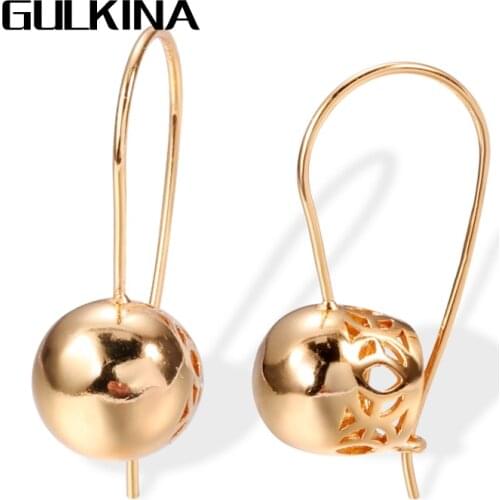 Gulkina Hot Big Spherical Earrings 585 Rose Gold Long Dangle Earrings Women Unique Hollow Flower Ethnic Bridal Wedding Jewelry