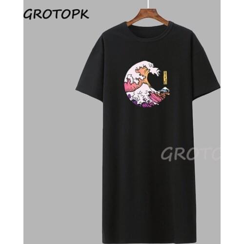 Harajuku Black Women T Shirt Dress Japanese Style Waves Moon Printed Tshirt Dress Korean Style Aesthetic Camisas Mujer Dress