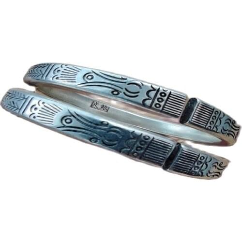 Chinas Old Tibet Silver Engraving Pattern Silver Bracelet A Pair