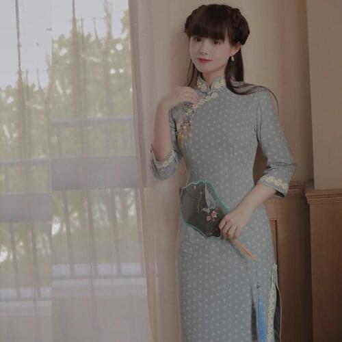 Chinese vintage Blue cotton and linen Daisy improved womens medium length dress cheongsam spring and summer New arrival Fashion