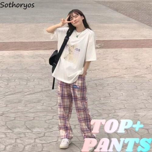 Sets Women Plaid Printed Sweet Patchwork Drawstring High Waist Females Pants Adjustable Letter Round Neck Cozy Casual Pullovers