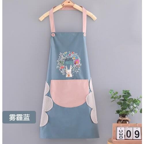 Cute Cartoon Rabbit Kitchen Apron Side Wipe Hands Waterproof Oxford Cloth Japanese Style Bib With Pocket Home Cleaning Tool