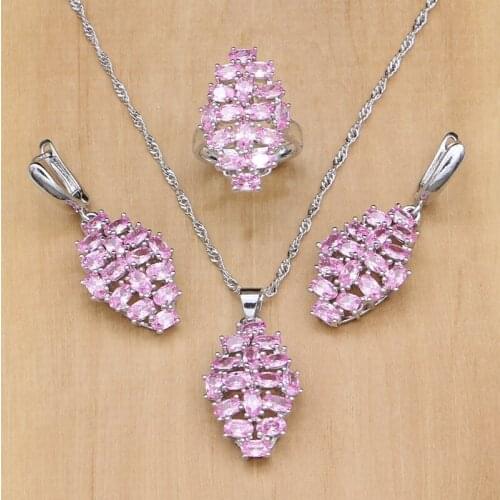 Cute Pink Cubic Zirconia White CZ 925 Sterling Silver Jewelry Sets For Women Earrings/Pendant/Necklace/Ring Free Gifts Box