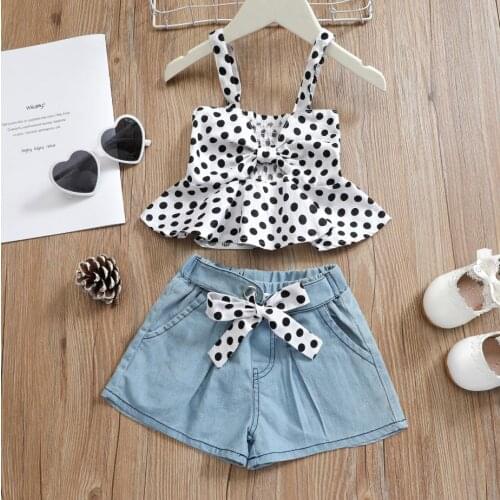 Fashion Summer Kids Girls Clothes Sets Polka Dot Printed Strap Bowknot Vest Tops Denim Shorts Girls Clothing Set