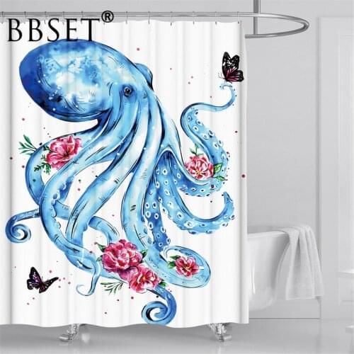 Marine Life Shower Curtain Beautiful Blue Octopus and Flowers Pattern Waterproof Multi-size Douchegordijn Bathroom Decor