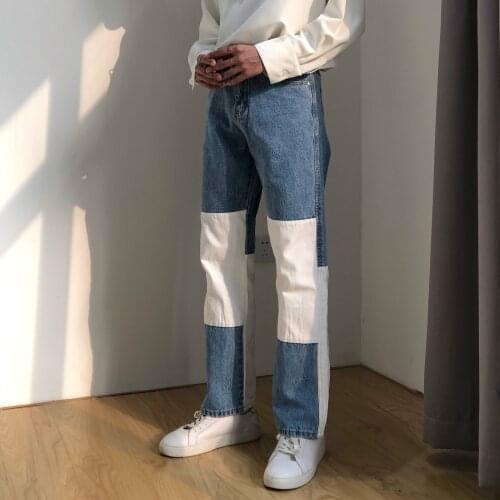 2020 Blue White Spliced Jeans Mens Fashion Baggy Jeans Autumn Straight Pantalettes Hip Hop Jeans Vintage Jeans Mens Loose Jeans