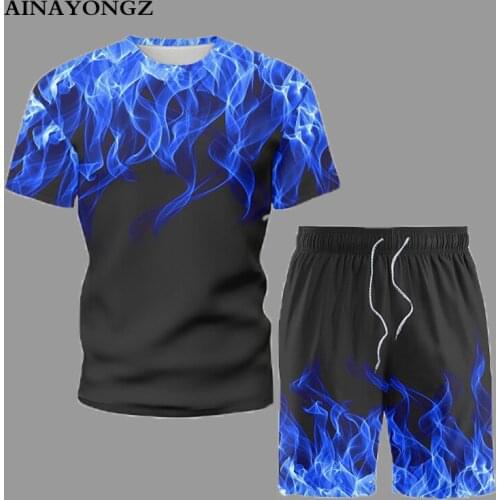 2021 Brief Men Clothes Outfit Simplicity Beach Suit Blue Flame Print Male Short Sleeve Shorts Sets Cool Summer T-Shirt Set 5XL