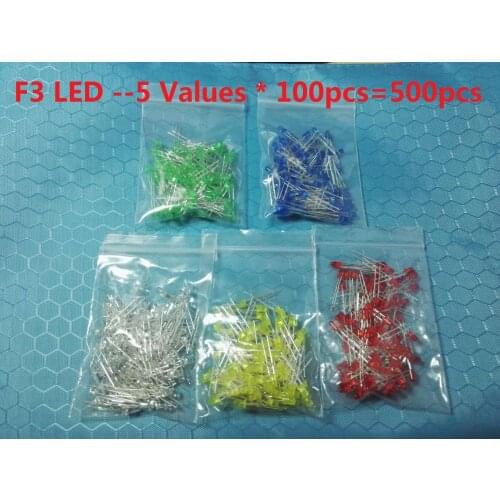 5 values * 100pcs =500pcs 3MM 5MM Led diode kits White Red Green Blue Yellow light emitting F3 F5 diodes kit set pack 5 Colour