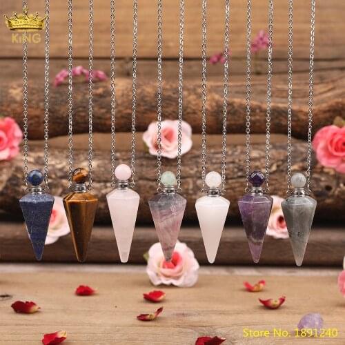 Natural Labradorite Opal Lapis Stone Healing Pendulum Perfume Bottle Pendant Women Chakra Essential Oil Vial Pendulum Necklace