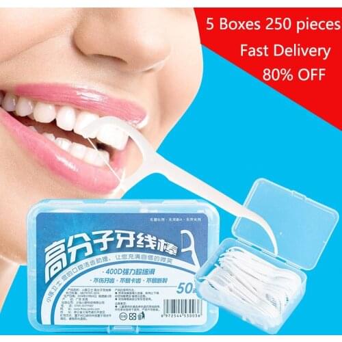 5 Boxes 250 PCS Disposable Dental Flosser White Interdental Stick Toothpick Tool Floss Pick Gum Tooth Cleaning Care Oral Hygiene