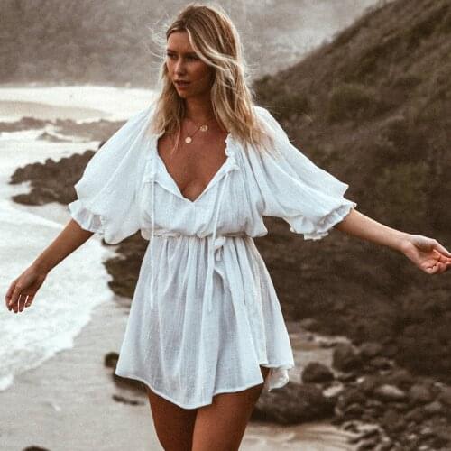 Jastie Retro Beach Short Dress Women Ruffle Half Sleeves Chic V-Neck Mini Dresses Casual Boho Flowing Kaftan Lady Dress Vestidos