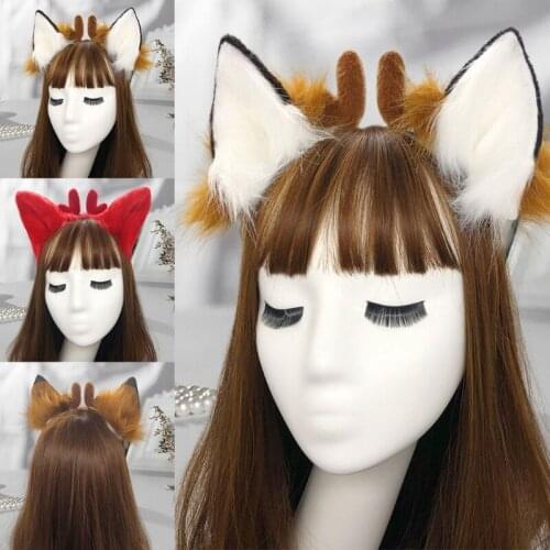 Faux Fur Ears Plush Antler Headbands Adjustable Hairband Womens Lovely Hair Accessories for Christmas Party Costume