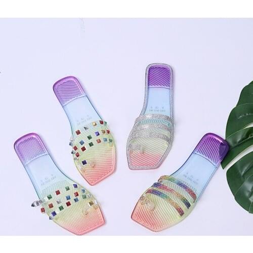 Transparent Colorful Crystal Women Slippers Square Ring Toe Bling Rhinestone Ladie Flip Flops Slides Flat Summer Sweet Sandals