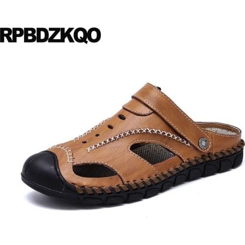 Brown breathable large size men sandals leather summer water fashion native slip on slippers shoes beach waterproof slides 46