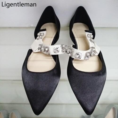 Flats Sandals Shoes Woman Basic New Black Satin Cloth Rhinestones Pointed Toe Shallow Hollow Sandals Fashion Casual Women Shoes